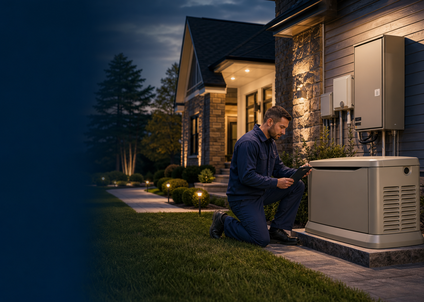Technician reviewing a residential backup power system